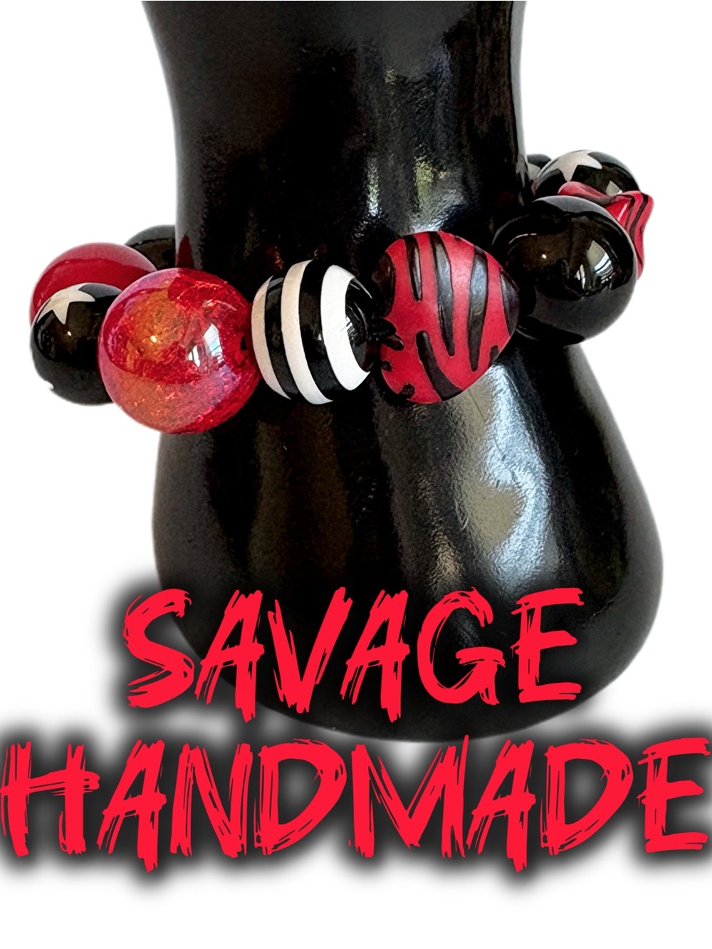 Handmade “Vampire Rock Concert” Black + Red Chunky Beaded Stretch Bracelet